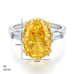 Macro shot of 10-carat yellow oval-cut zircon ring with silver band details