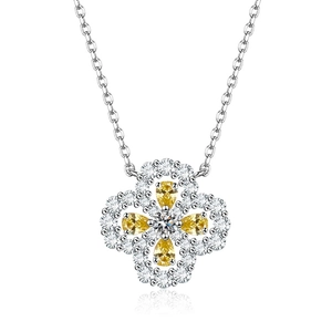 Collier en argent S925 avec pendentif trèfle serti de zircons jaunes et blancs éclatants