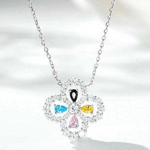 S925 silver four-leaf clover necklace with multicolor teardrop gems and pavé diamonds