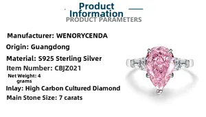 Detailed view of S925 sterling silver ring with 7ct pear-cut pink carbon diamond
