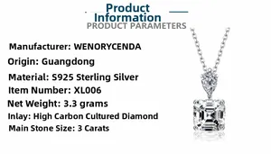 Detail of S925 sterling silver necklace with a 3 carat square high carbon diamond