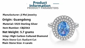Detailed parameter chart of 4ct blue radiant cut carbon diamond ring in S925 silver