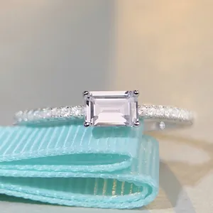 925 Sterling Silver Zirconia Ring For Women Emerald Cut Square Sparkling Inlaid Ring For Wedding Engagement INS Style Jewelry