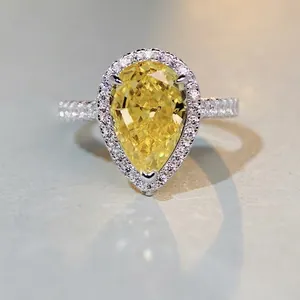 Luxury 925 Sterling Silver Pear Cut Rhinestone Halo Ring For Women Fashion Waterdrop Yellow Pink Gemstone Party Jewelry