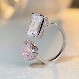 S925 sterling silver bypass ring with emerald-cut clear stone and pear-cut pink gem