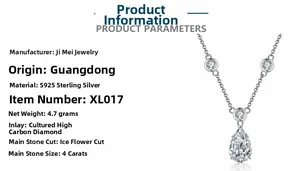 Detail view of pear-shaped 4ct high carbon diamond pendant necklace in S925 sterling silver