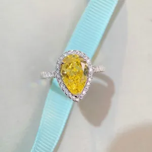 Luxurious S925 sterling silver ring with halo pear-cut yellow gemstone and pave diamonds