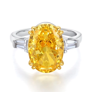Oval yellow carbon diamond ring in S925 sterling silver with trapezoid side stones