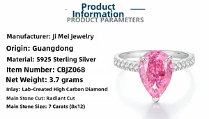 Detailed specs of S925 silver ring featuring a 7ct pink pear-cut carbon diamond