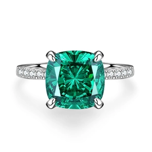 Bague en argent S925 avec pierre précieuse vert émeraude taille coussin et pavé serti