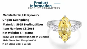 Detailed view of marquise cut 7 carat yellow carbon diamond ring in S925 silver