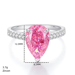 Detailed view of pink pear-cut zircon ring with 12.5x8.2mm dimensions and 3.7g weight