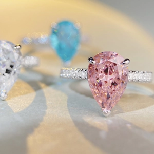 Pear cut pink high carbon diamond ring in S925 silver with micropavé zircon band