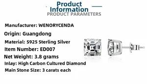 Detailed specs of S925 sterling silver square stud earrings with 3ct carbon diamonds