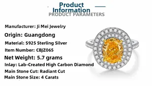 Detailed view of S925 sterling silver ring with 4ct radiant cut yellow carbon diamond