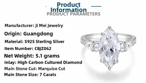 Detail of 7-carat marquise cut carbon diamond ring in 925 sterling silver with specs