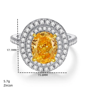 Macro detail of S925 silver ring with 17.1mm yellow zircon and double halo design