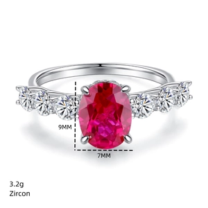 Detailed specs of S925 silver ring with 9x7mm oval ruby and zircon side stones