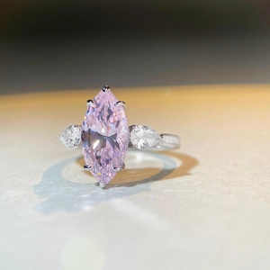 Marquise-cut pink cubic zirconia ring in 925 sterling silver with teardrop side stones