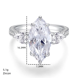 Macro detail showing 16.3mm marquise-cut zircon stone and 5.1g silver ring weight