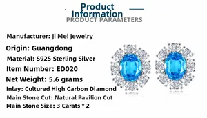 Detail of S925 sterling silver earrings featuring 3ct blue aquamarine high carbon diamonds