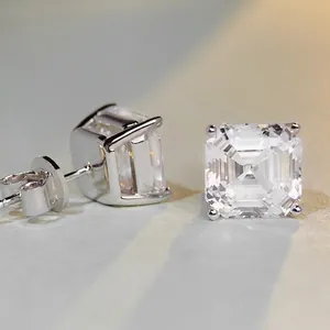 S925 Sterling Silver Asscher Cut Square Zirconia Stud Earrings For Women Minimalist Geometric Jewelry Necklace Accessory
