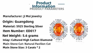 Detail of S925 silver stud earrings featuring 3ct orange oval stones and zircon halos