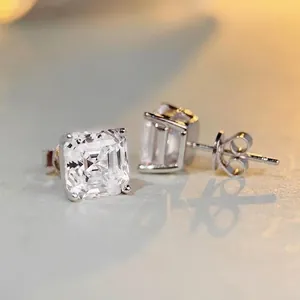 S925 sterling silver stud earrings featuring square asscher cut cubic zirconia stones
