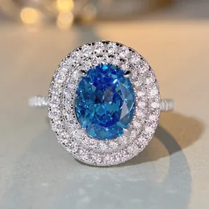 925 Sterling Silver Oval Zirconia Ring Elegant Double Halo Radiant Cut Inlaid Engagement Finger Ring Jewelry For Women
