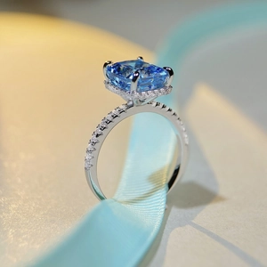 Luxurious S925 silver ring with large ice-flower cut aquamarine zircon and pavé diamonds
