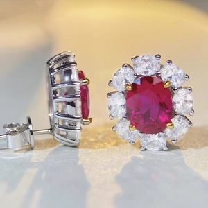 Luxurious S925 silver stud earrings with red ruby gemstone and white zircon halo