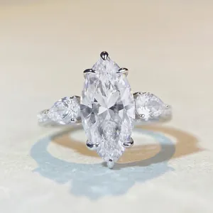 925 Sterling Silver Marquise Cut Zirconia Ring Luxury Three-Stone Engagement Ring For Women Sparkling Wedding Jewelry