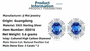 Detailed view of S925 silver earrings with 3ct oval blue stones and halo setting