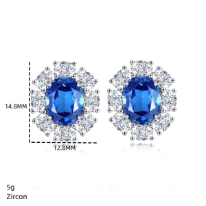 Detail view of oval blue zircon earrings with S925 silver base and 14.8MM height