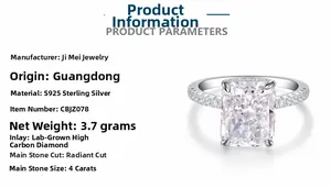 Detail showing 4 carat radiant cut lab-grown diamond in S925 sterling silver setting