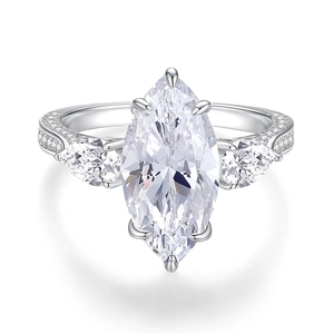 Luxurious 925 sterling silver ring with marquise-cut 7 carat zirconia and pear side stones