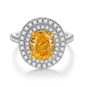 Luxurious S925 silver ring with oval yellow diamond in double halo setting