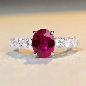 925 Sterling Silver Oval Red Ruby Zirconia Ring For Women Elegant Simple Fashion Commuting Wedding Finger Jewelry