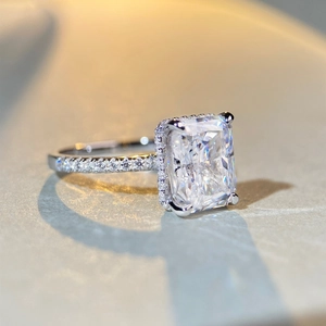 Radiant cut ice flower silver ring with square carbon diamond and halo pave setting