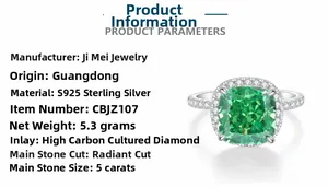 Vue détaillée d'une bague en argent 925 avec diamant vert émeraude de 5ct taille radiant