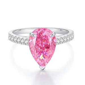 S925 sterling silver ring with pear cut pink carbon diamond and pavé side stones