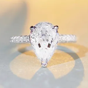 925 Sterling Silver Pear Cut Ring For Women Rhinestone Inlaid Water Drop Shaped Wedding Engagement Finger Ring Jewelry