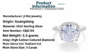 Détails de la bague en argent S925 avec diamant carbone 5ct taille Radiant et paramètres