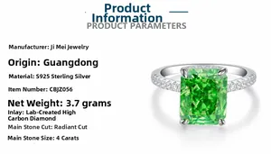 Detailed view of a 4 carat radiant cut emerald green stone on an S925 silver ring