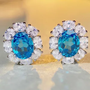 925 Sterling Silver Cluster Flower Stud Earrings Rhinestone Oval Cut Gemstone Earrings For Women Wedding Party Jewelry