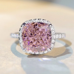 Bague de luxe en argent 925 avec saphir rose taille coussin et pavé de diamants halo