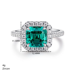 Detailed close-up of S925 silver ring featuring a 4g emerald-cut green zircon stone