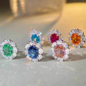S925 sterling silver stud earrings with oval colorful gemstones and pavé zircon halos
