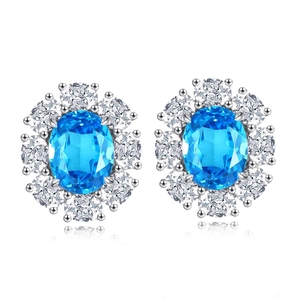 S925 sterling silver stud earrings with oval aquamarine and sparkling cubic zirconia