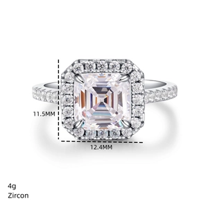 Détails macro d'une bague en argent S925 avec zircon de 11,5mm et dimensions